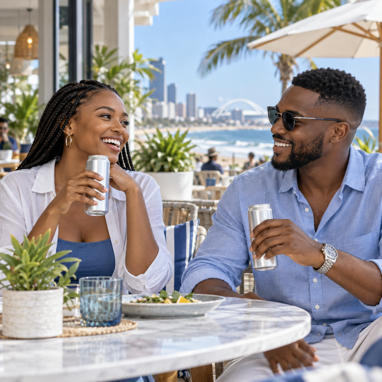 AI-generated illustration of Black South African adults enjoying canned water