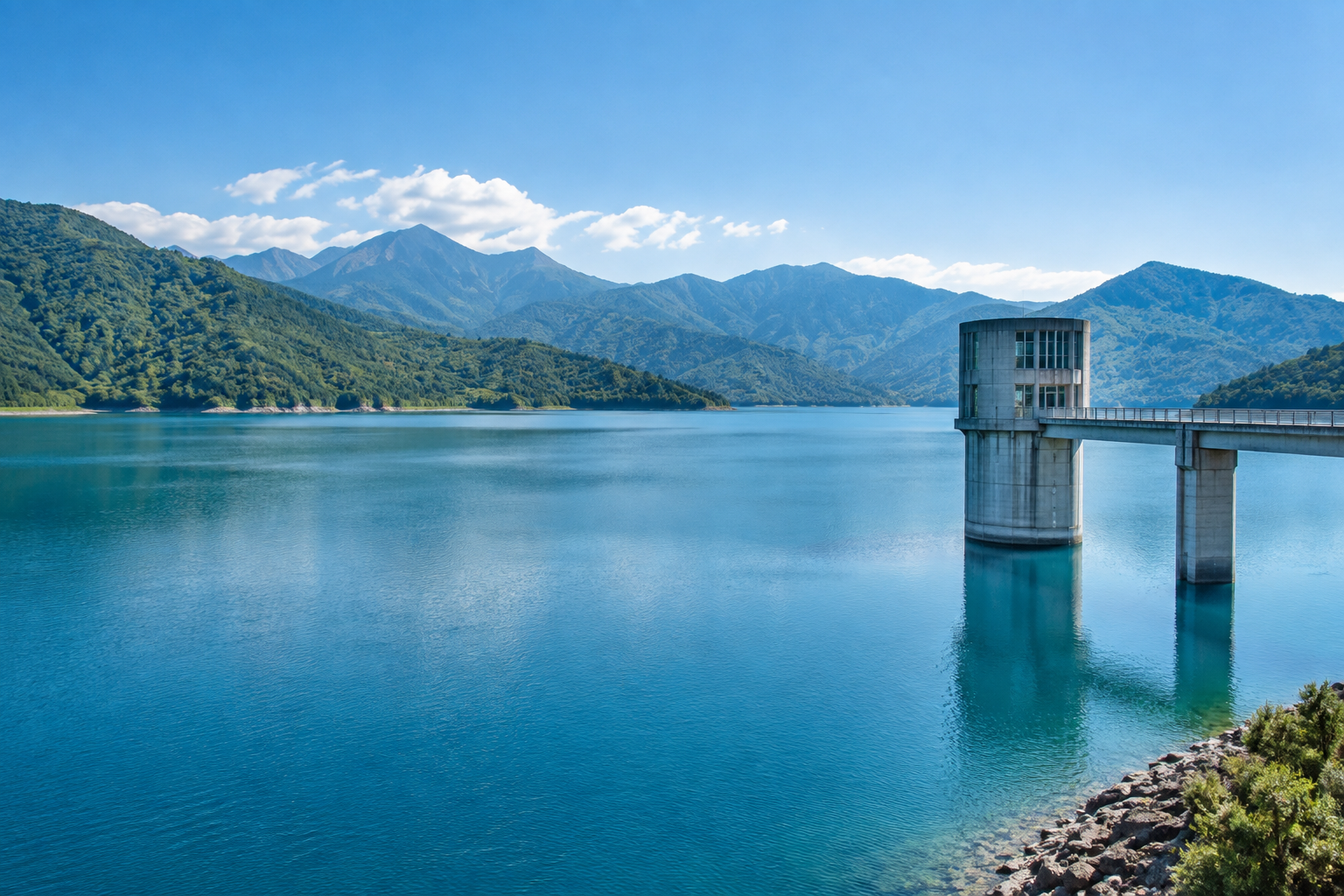 Generated illustration of a blue water reservoir and water infrastructure