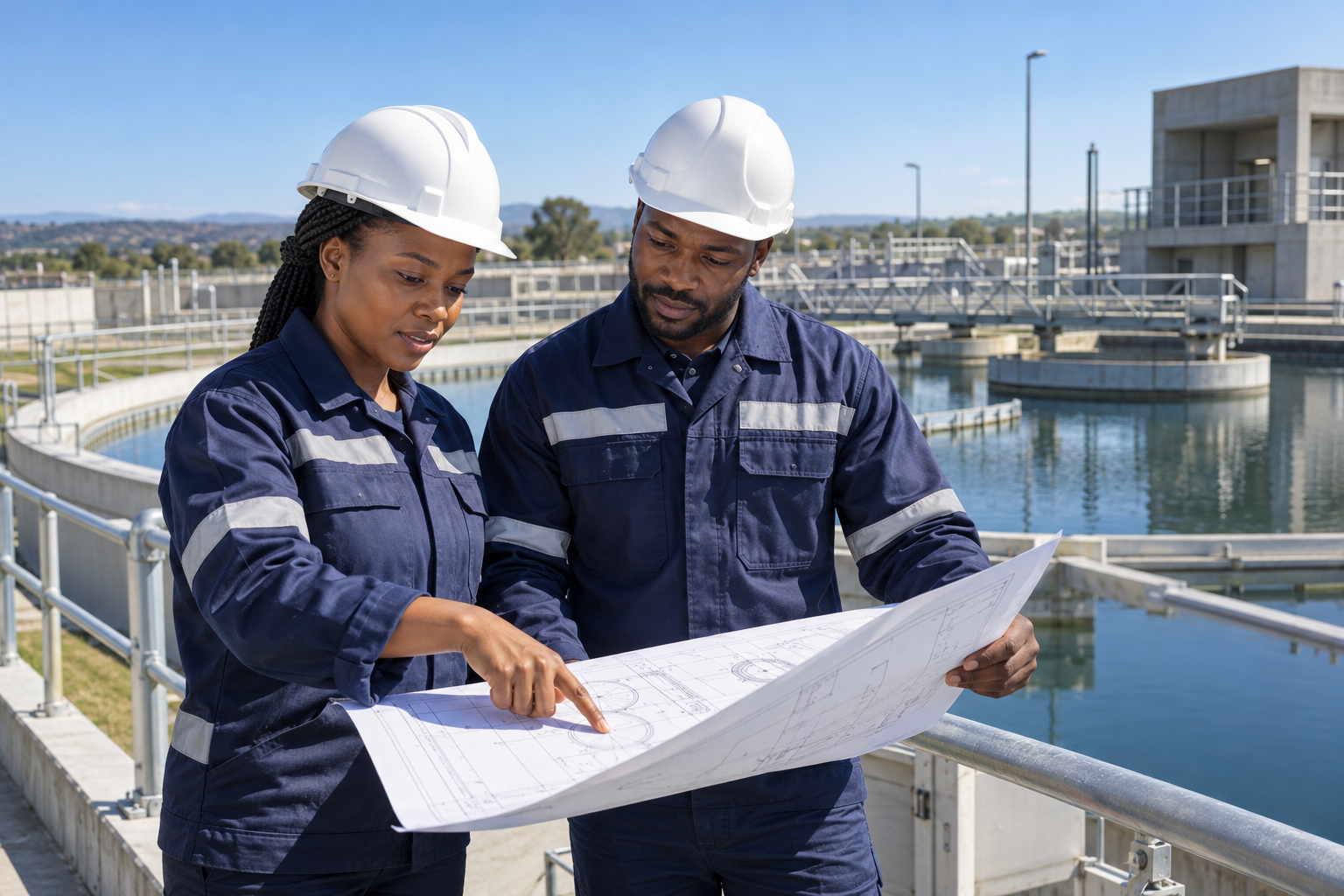 AI-generated illustration of Black South African engineering professionals at a water facility